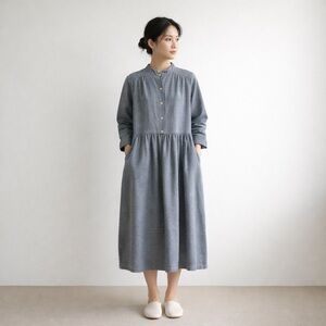 Ace & Jig Organic Cotton Button Front Midi Dress Pockets Minimalist Blue Small